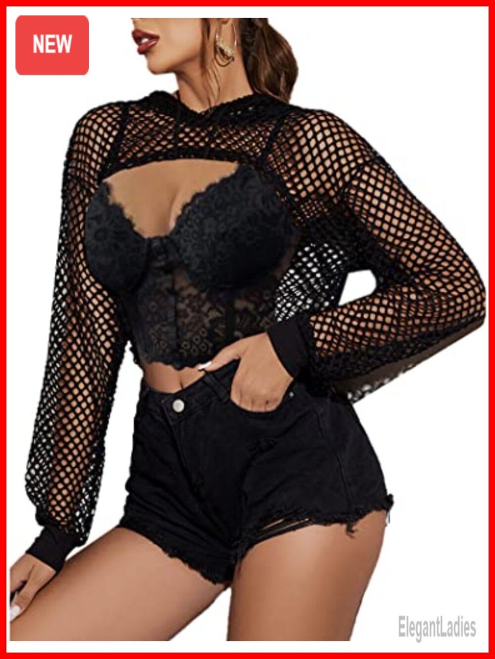 Mesh Crop Top Hoodie Long Sleeve Fishnet Shirt Rave Festival Top